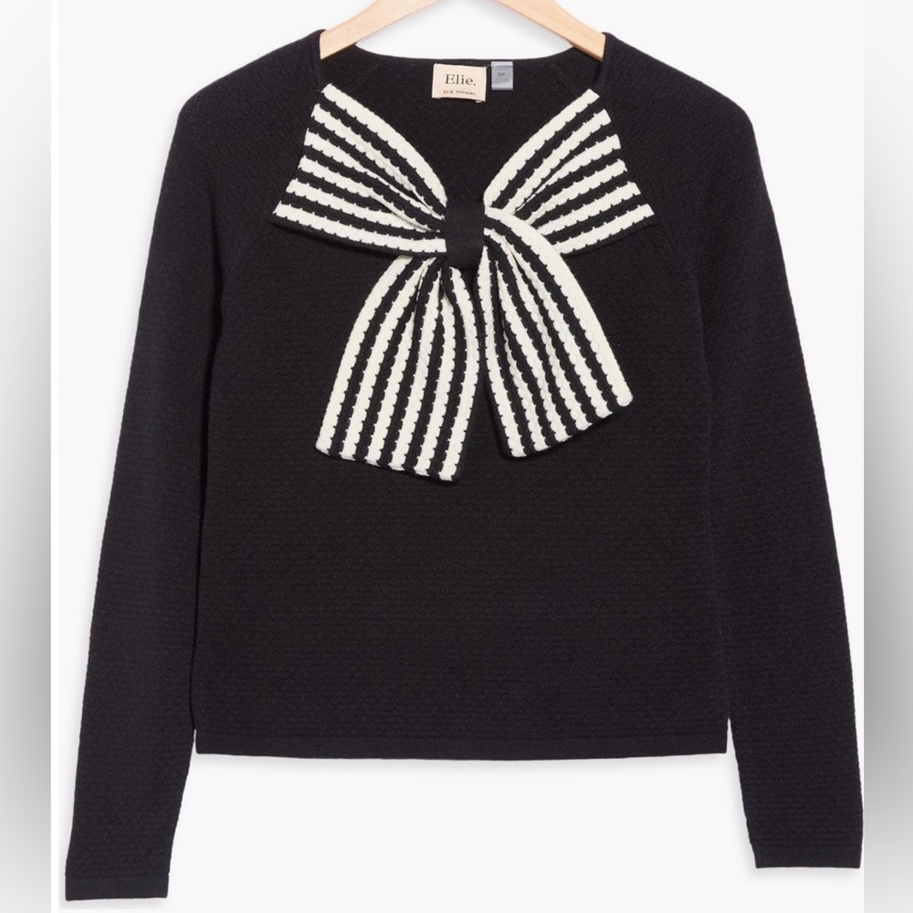 ELIE TAHARI Black/Black/Ivory Bow Front Sweater size M NWT